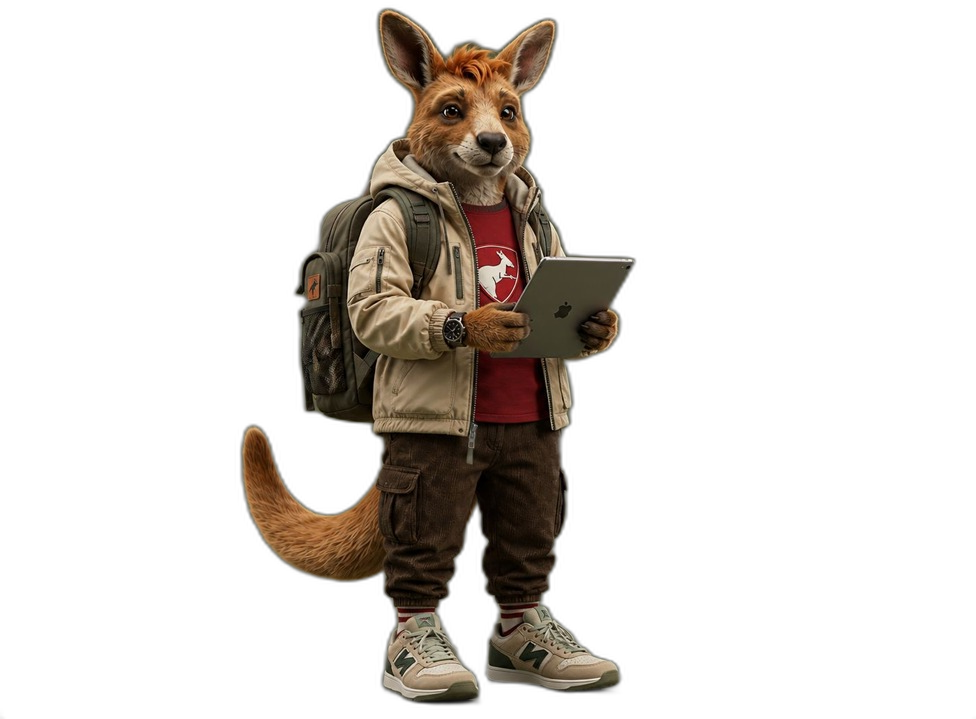 Mascote canguru da Aussie Education com um tablet, representando a investigação e a curiosidade na aprendizagem.