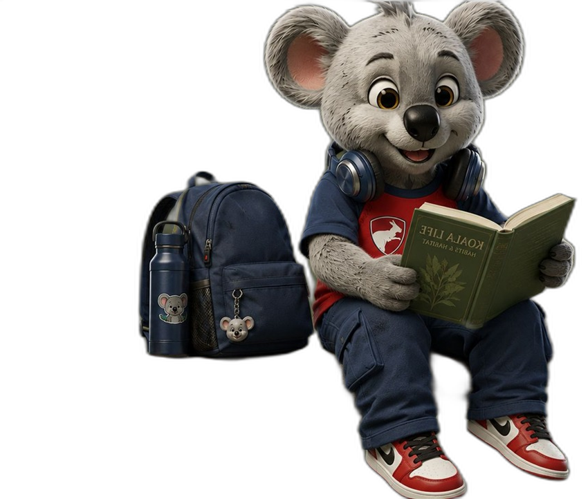 Mascote coala da Aussie Education lendo um livro.