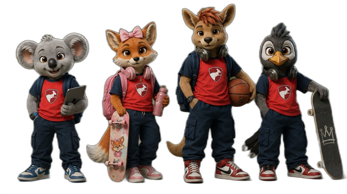 Família de mascotes da Aussie Education: coala, raposa, canguru e pássaro uniformizados.