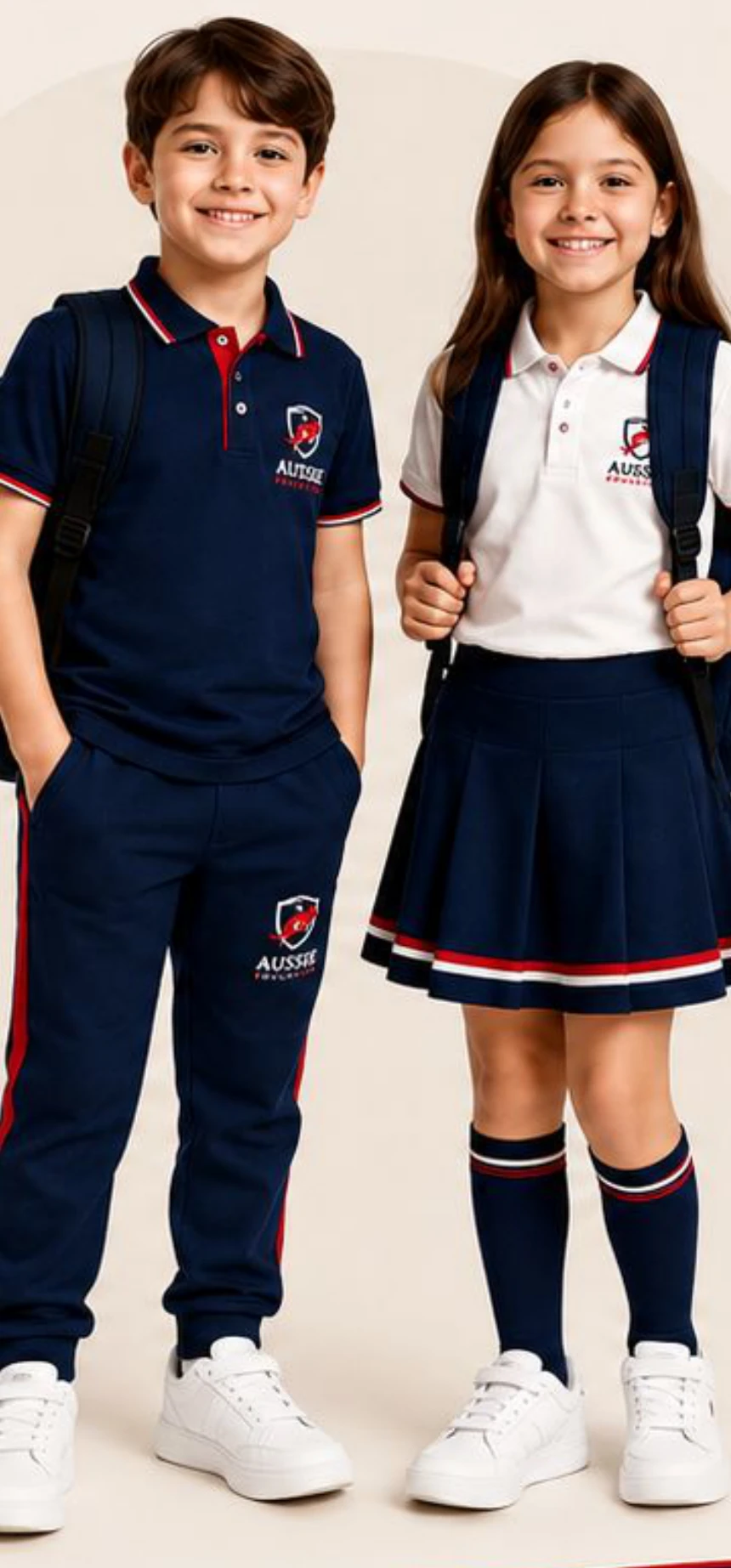 Estudantes da Aussie Education sorrindo, uniformizados.